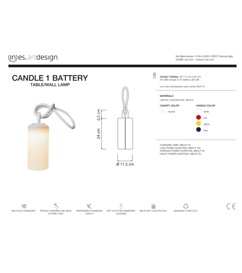 Lámpara a batería Candle 1 Battery IN-ES.ARTDESIGN | BHOME by Arredi Barbàra