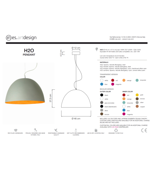 Lámpara de suspensión H2O Cemento IN-ES.ARTDESIGN | BHOME by Arredi Barbàra