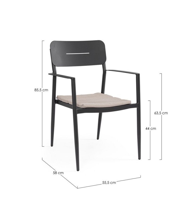 The structure is made of powder-coated aluminum (polyester), designed for continuous outdoor use. The chair features a seat cush
