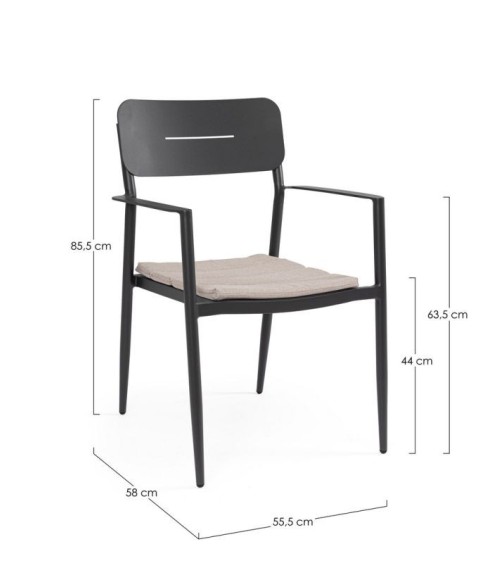 The structure is made of powder-coated aluminum (polyester), designed for continuous outdoor use. The chair features a seat cush